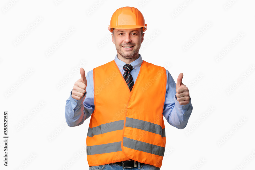 Repairman Worker Gesturing Thumbs Up Standing Over White Studio Background Repairman Worker Gesturing Thumbs Up Standing Over White Studio Background