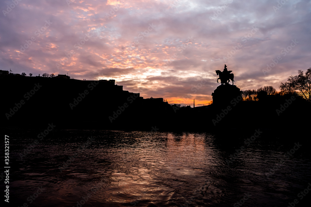 Colorful Sunrise burning sky Koblenz City historic monument German Corner where river rhine and mosele flow together