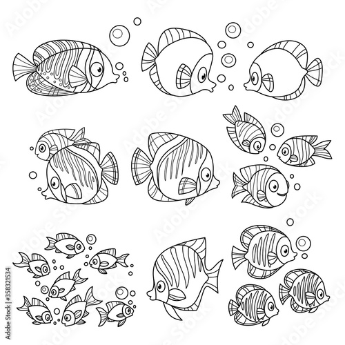 Cartoon fun sea fishes set outlined for coloring page on a white background