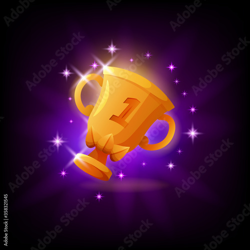 Gold cup trophy GUI gaming or mobile app icon, dark background. First place prize vector illustration in cartoon style