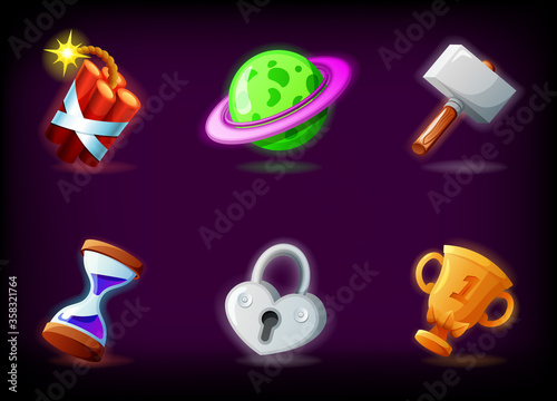 GUI video game icons set against dark background. Mobile gaming application vector illustration bundle in cartoon style