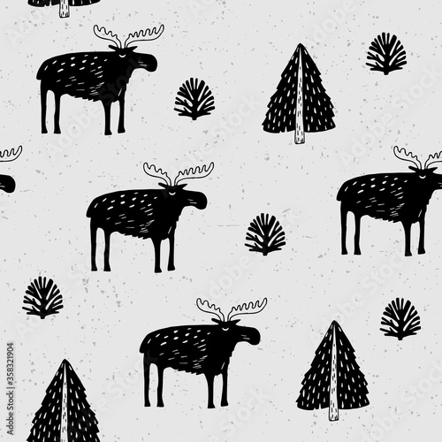 Seamless pattern with moose and moss in scandinavian style. Textile background. Packaging photo