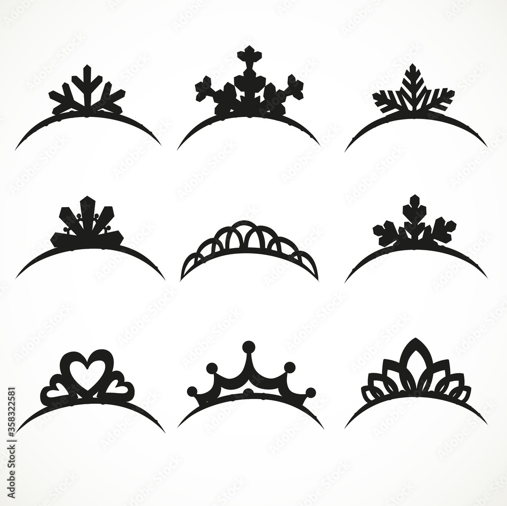 Set of silhouettes of tiaras of various shapes on a white background Set of silhouettes of tiaras of various shapes on a white background