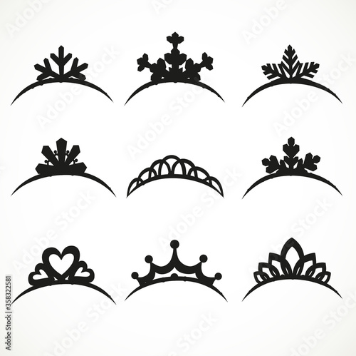 Set of silhouettes of tiaras of various shapes on a white background