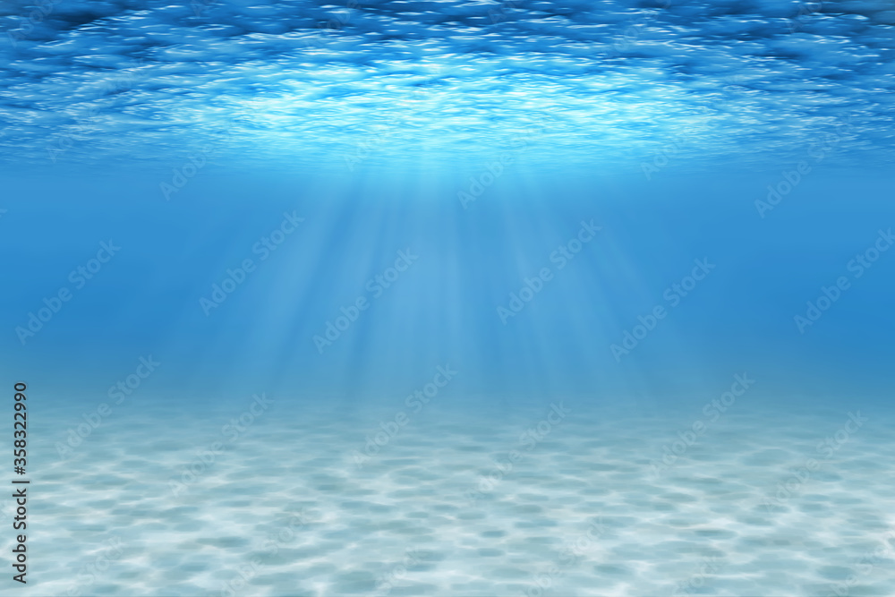 Obraz premium Ocean underwater scene with sandy seabed and light rays. Blue decorative background.