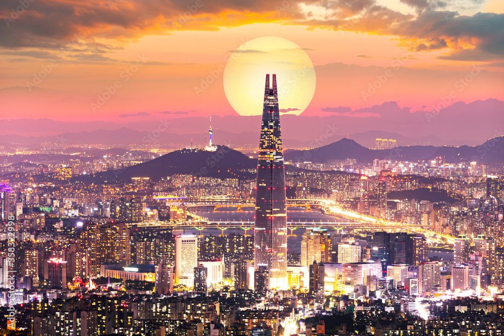 Sunset of Seoul City and Seoul Tower South Korea - obrazy, fototapety, plakaty 