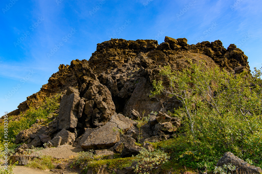 Rock formation in Dimmuborgir, a large area of unusually shaped lava fields, Myvatn, Iceland