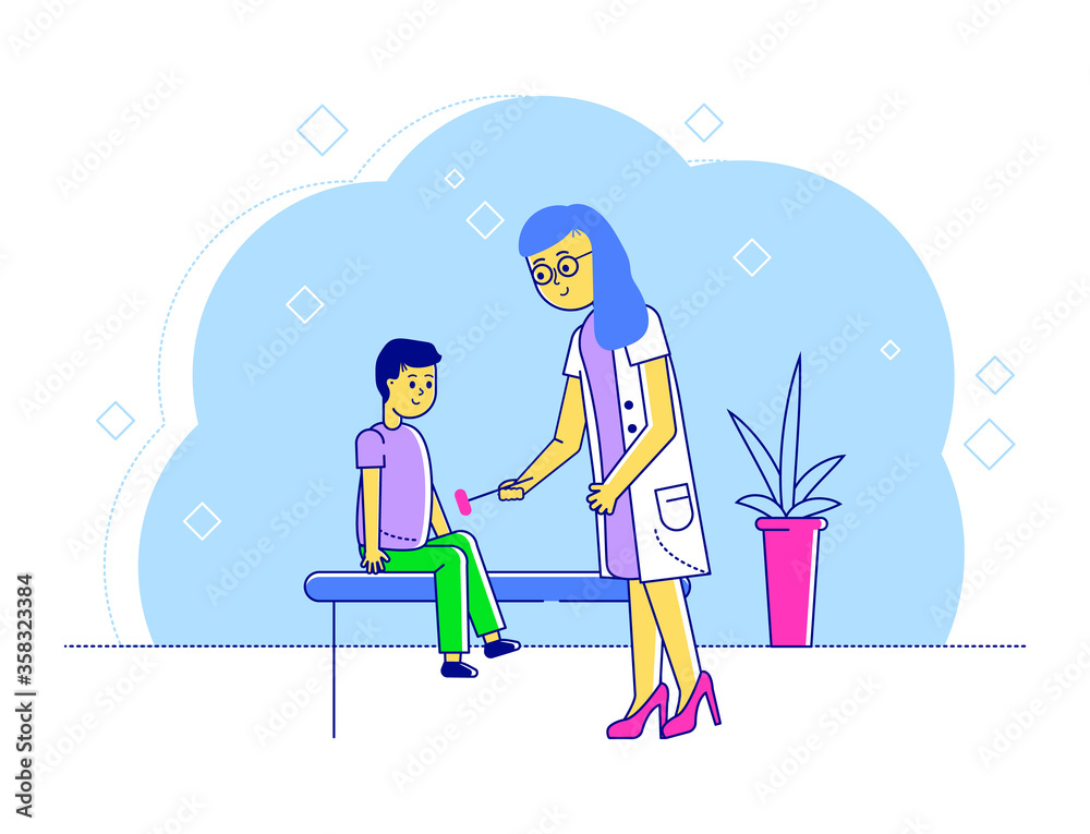 Line doctor pediatrician vector illustration. Cartoon flat happy mother and kid boy characters visiting specialist for medical examination checkup in hospital. Children healthcare isolated on white Line doctor pediatrician vector illustration. Cartoon flat happy mother and kid boy characters visiting specialist for medical examination checkup in hospital. Children healthcare isolated on white
