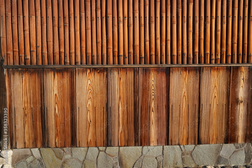 日本 京都 伝統 トラディショナル 伝統建築 木材 木 竹 竹細工 格子 壁 デザイン 板 板細工 茶色 壁紙 石畳 石塀 古い アジア 材料 茣蓙 背景 風景 町屋 ゲストハウス フェンス Stock Foto Adobe Stock