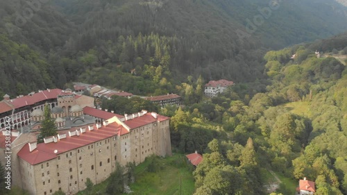 Amazing And Grand Architecture Of The Rila Monastery In Sofia Bulgaria At The Rila Mountains - aerial shot photo