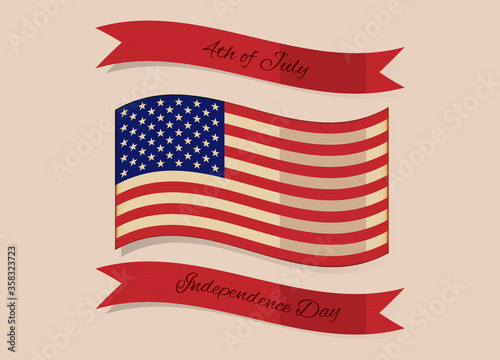 Vector illustration in vintage style U.S. Independence Day. American flag and red ribbons on a light background