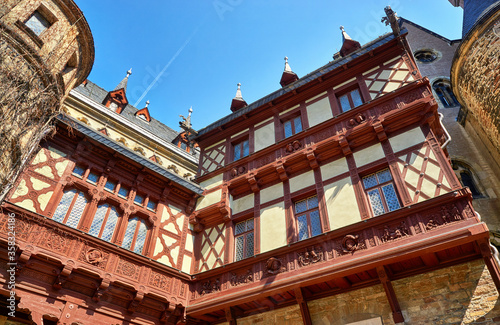 Facade with old windows of Wernigerode Castle. Germany