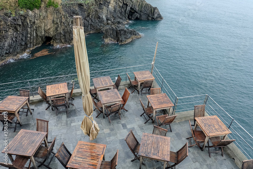 jun 2016, Cinque terre, Italy. A closed restaurant on cliff. Seascape view.