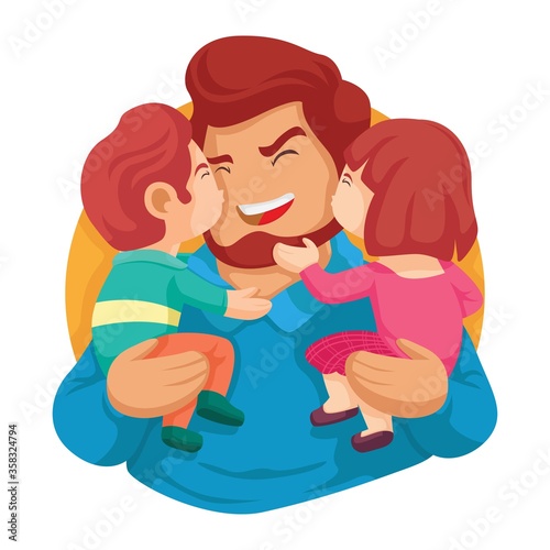 Best dad ever. happy fathers day. son and daughter kissing her daddy vector illustration
