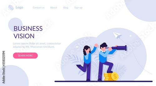 Business vision concept. Businessman and businesswoman look into a prosperous future with a telescope. Money stack. Modern flat illustration.