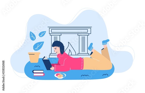People reading poses vector illustration. Cartoon flat woman student character sitting by window, studying and preparing for examination. Literature lover, fan books, home schooling isolated on white