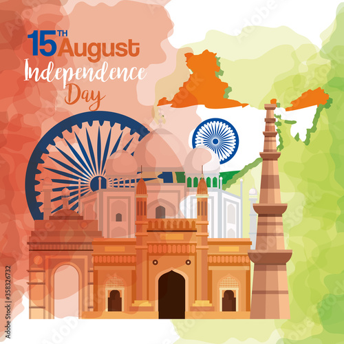 famous monuments of india in background for happy independence day, with map of india and ashoka wheel vector illustration design