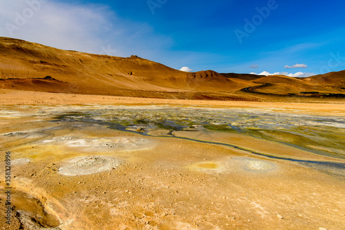 Nature of Namafjall, a high-temperature geothermal area with fumaroles and mud pots in Iceland