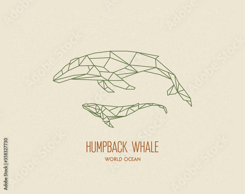 Polygon whales silhouettes. Low poly animal family. Abstract geometric logo icon. Triangle graphic, origami style. Vector illustration for tattoos, posters, t-shirt prints, web design, postcards