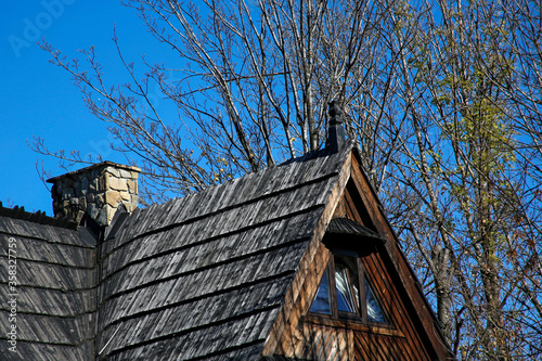 shingle roof and stone chimney © chrupka