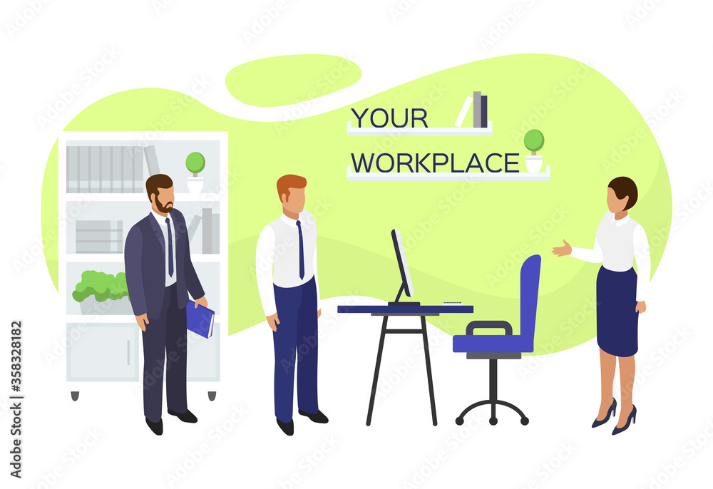 Job vacancy workplace hire, vector illustration. Employment at office, flat hiring and recruitment concept. Business employee interview at workplace background, man wanted career in company. Job vacancy workplace hire, vector illustration. Employment at office, flat hiring and recruitment concept. Business employee interview at workplace background, man wanted career in company.