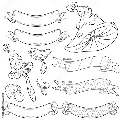 Amanita hat with ribbons and small mushrooms vector line-art set. For your Halloween, costume party and other fairytale designs, prints, posters, covers, cards, invitations, etc. Coloring book page