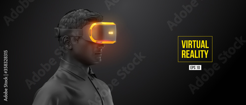 VR headset, technology. 3d of the man, wearing virtual reality glasses on black background. VR games. Vector. You will also find a original jpeg for this image in my portfolio. Thanks for watching