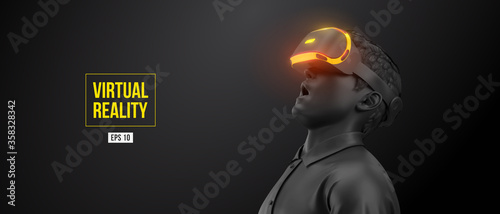 VR headset, technology. 3d of the man, wearing virtual reality glasses on black background. VR games. Vector. You will also find a original jpeg for this image in my portfolio. Thanks for watching