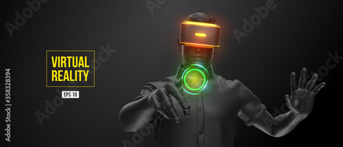 VR headset, technology. 3d of the man, wearing virtual reality glasses on black background. VR games. Vector. You will also find a original jpeg for this image in my portfolio. Thanks for watching