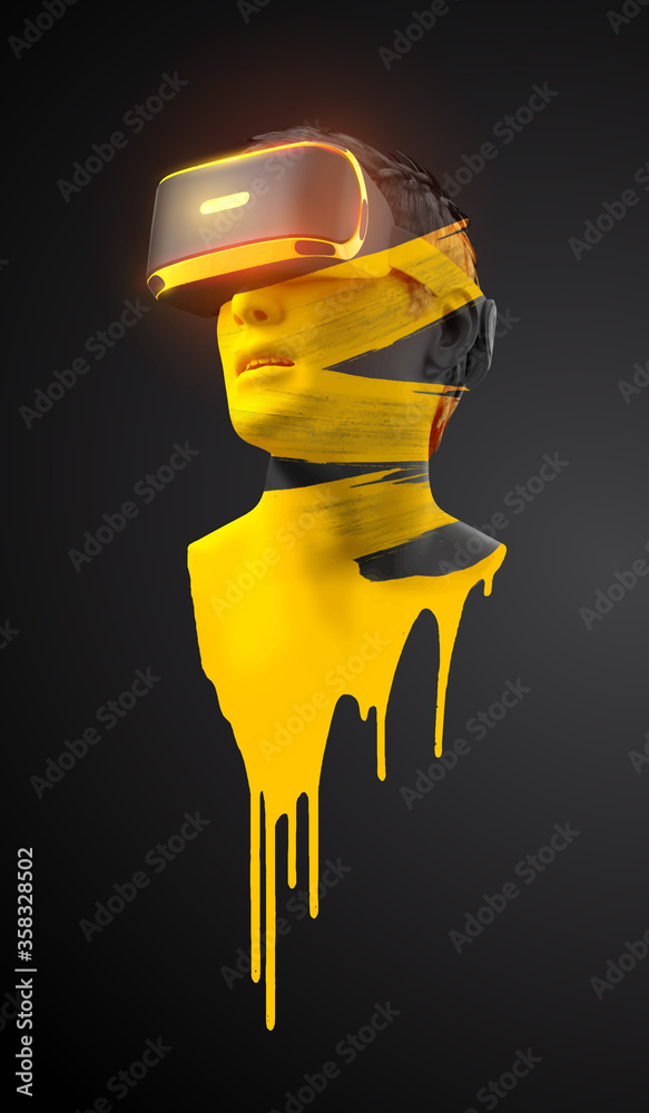 Naklejka VR headset, technology. 3d of the man, wearing virtual reality glasses on black background. VR games. Vector. You will also find a original jpeg for this image in my portfolio. Thanks for watching