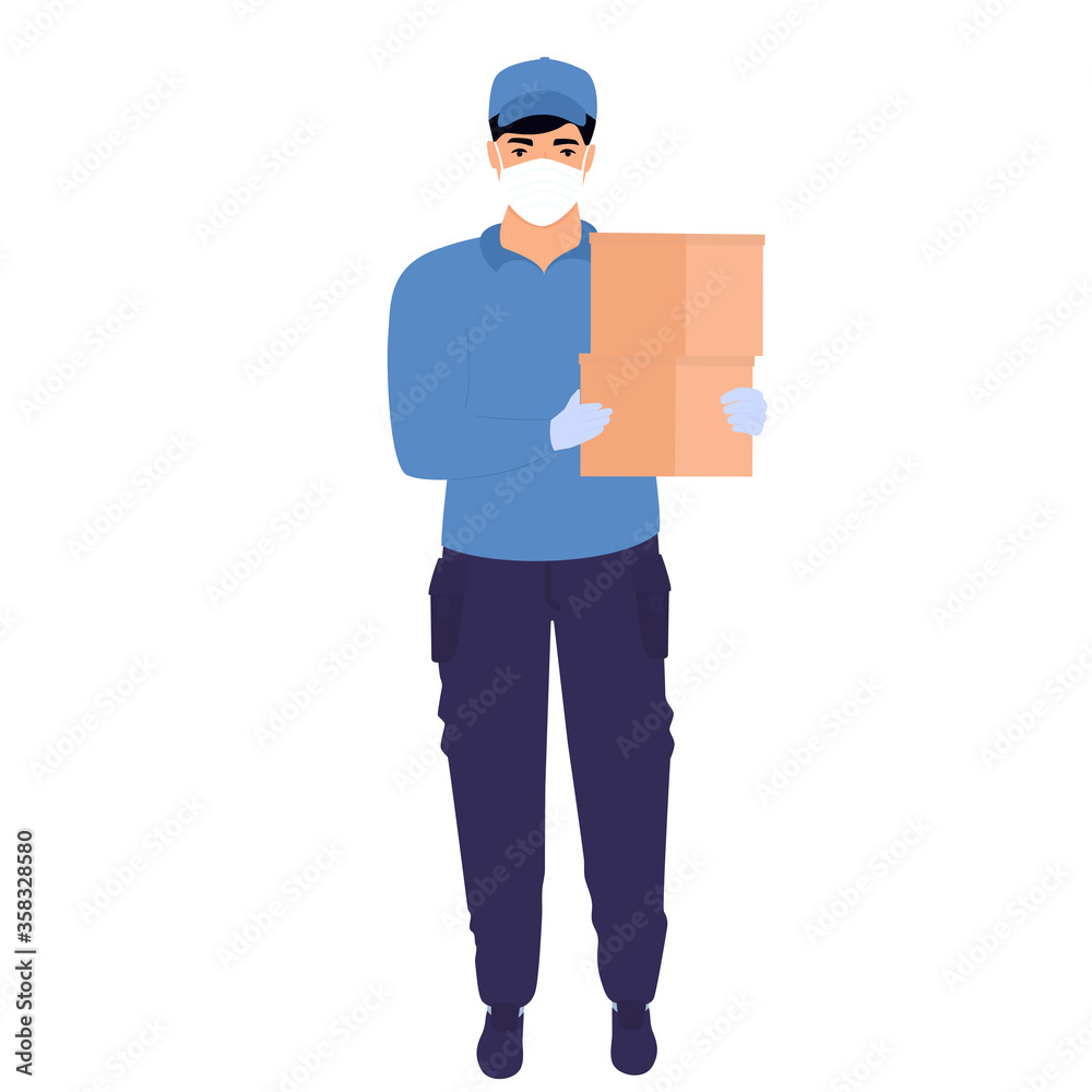 COVID-19. Coronavirus epidemic. A courier in a protective medical mask holds parcels in his hands. Free food delivery. COVID-19. Coronavirus epidemic. A courier in a protective medical mask holds parcels in his hands. Free food delivery.