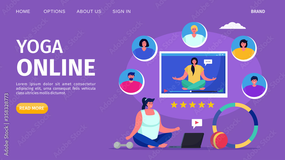 Yoga online, vector illustration. Woman person character in fitness lifestyle, training exercise for health body. Flat meditation and sport workout pose activity in internet technology.