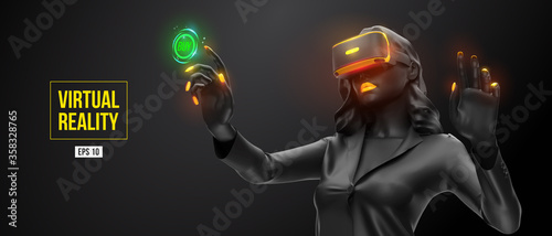 VR headset, online shopping. Woman, wearing virtual reality glasses on black background. Woman buys a goods in one click. Vector. You will also find a original jpeg for this image in my portfolio