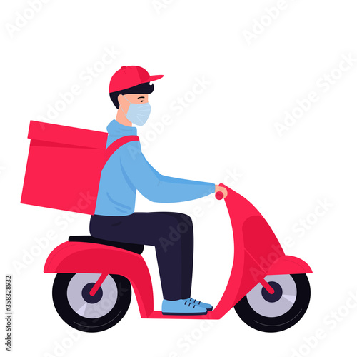 COVID-19. Quarantine. Coronavirus epidemic. Free Delivery. Man in a protective mask carries food on a motorbike.