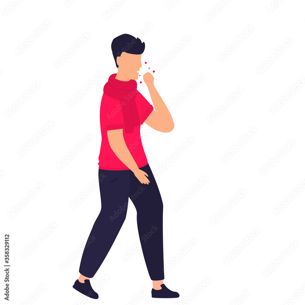 COVID-19. Coronavirus epidemic. A man coughs spreading the virus around him. Viral infectious disease