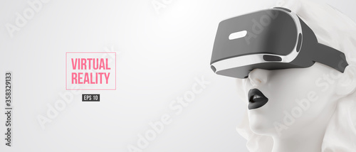 VR headset, online shopping. Woman, wearing virtual reality glasses on black background. Woman buys a goods in one click. Vector. You will also find a original jpeg for this image in my portfolio