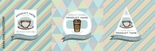 Three colored labels with illustration of coffee cups, paper cup