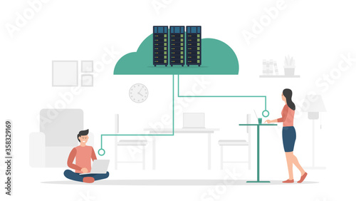 Men and women utilize cloud hosting server cluster to maintain website performance modern flat cartoon style.
