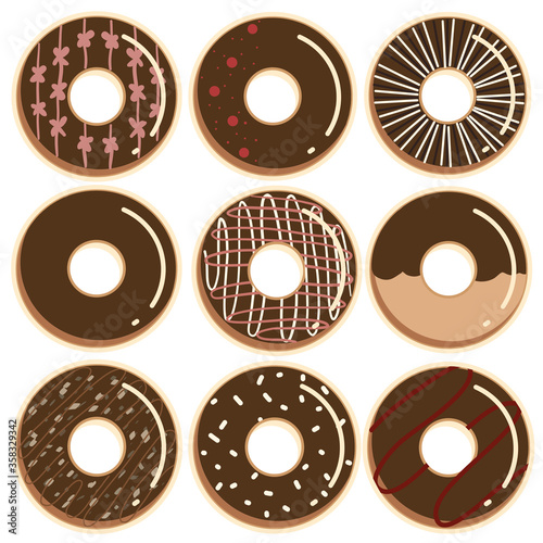 Chocolate doughnuts. Hand drawn flat vector illustration isolated on white background