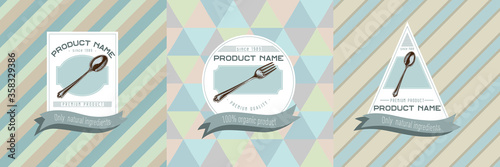 Three colored labels with illustration of spoon, fork