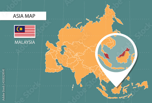 Malaysia map in Asia zoom version, icons showing Malaysia location and flags.	
