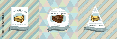 Three colored labels with illustration of cheesecake, cake