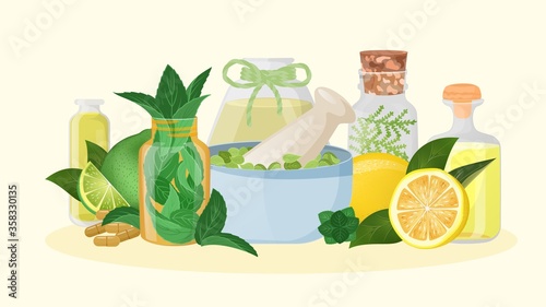 Homeopathic medicine and herbal healing, vector illustration. Lemon natural aromatherapy, naturopathy ingredient. Flower and fruit therapy, pharmaceutical remedy and mint apothecary.