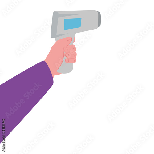 hand with digital non contact infrared thermometer, medical thermometer measuring body temperature, prevention of coronavirus disease 2019 ncov vector illustration design