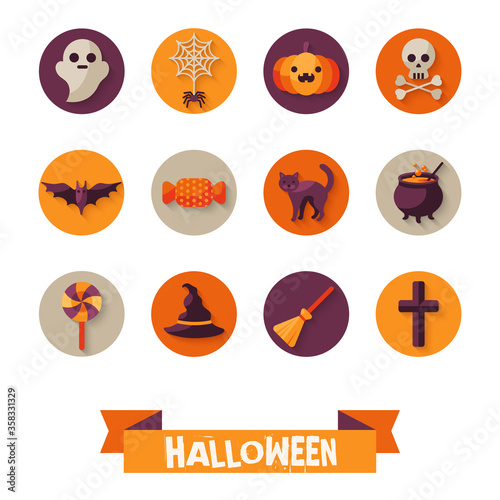 Set of Halloween Characters on Circles with Long Shadow. Scrapbook elements. Vector illustration. Black Cat, Sweet Candy, Spider and Web, Orange Pumpkin, Witch Hat and Broom.