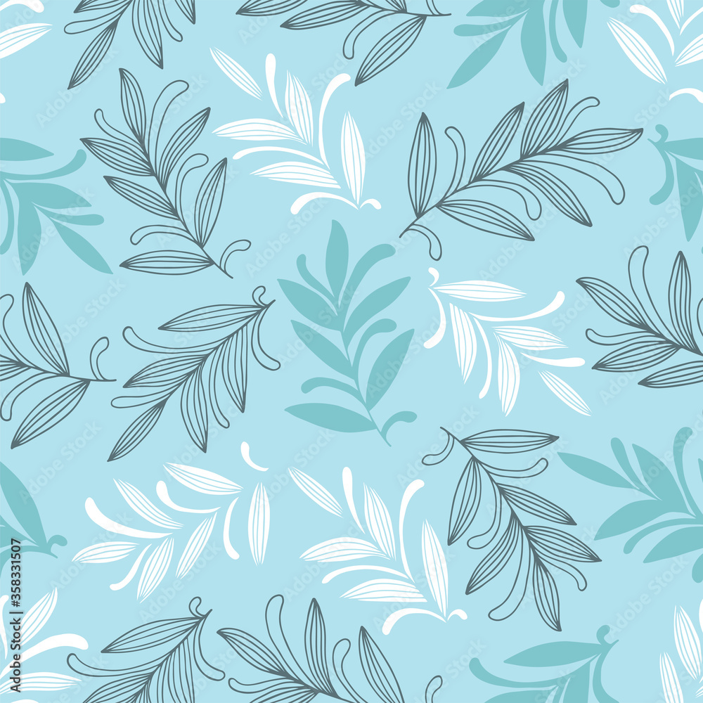 Abstract hand drawn seamless pattern of floral ornament leaves, branches, curls, flowing lines. Decorative blue vector illustration for greeting card, invitation, wallpaper, wrapping paper, fabric Abstract hand drawn seamless pattern of floral ornament leaves, branches, curls, flowing lines. Decorative blue vector illustration for greeting card, invitation, wallpaper, wrapping paper, fabric