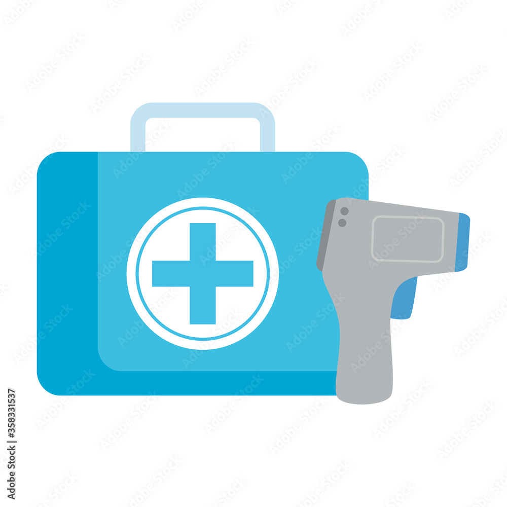 Obraz premium digital non contact infrared thermometer with first aid kit, medical thermometer measuring body temperature, prevention of coronavirus disease 2019 ncov vector illustration design