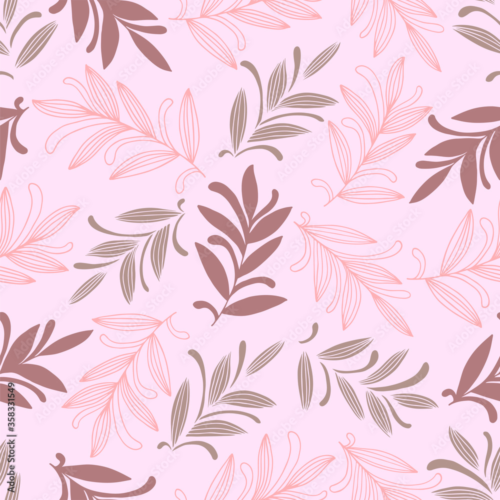 Abstract hand drawn seamless pattern of floral ornament leaves, branches, curls, flowing lines. Decorative pink vector illustration for greeting card, invitation, wallpaper, wrapping paper, fabric