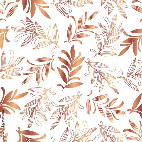 Abstract hand drawn seamless pattern of floral ornament leaves, branches, curls, flowing lines. Decorative copper gradient illustration for greeting card, invitation, wallpaper, wrapping paper, fabric