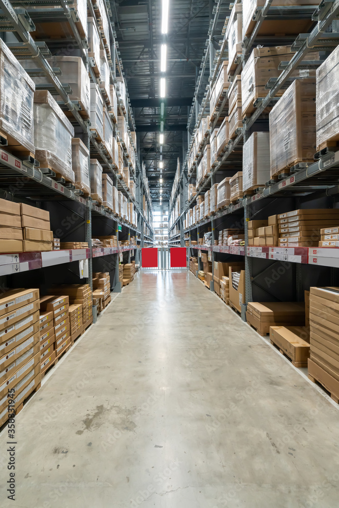 Goods on shelves of distribution center warehouse